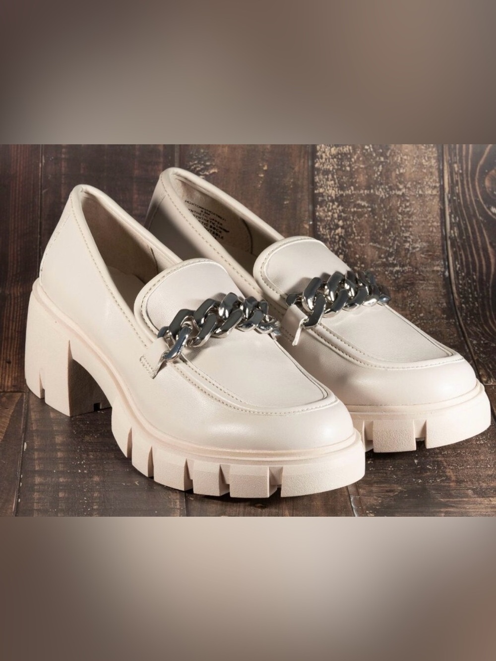 Madden Girl Chunky Chain Loafers in Cream with Silver Chain